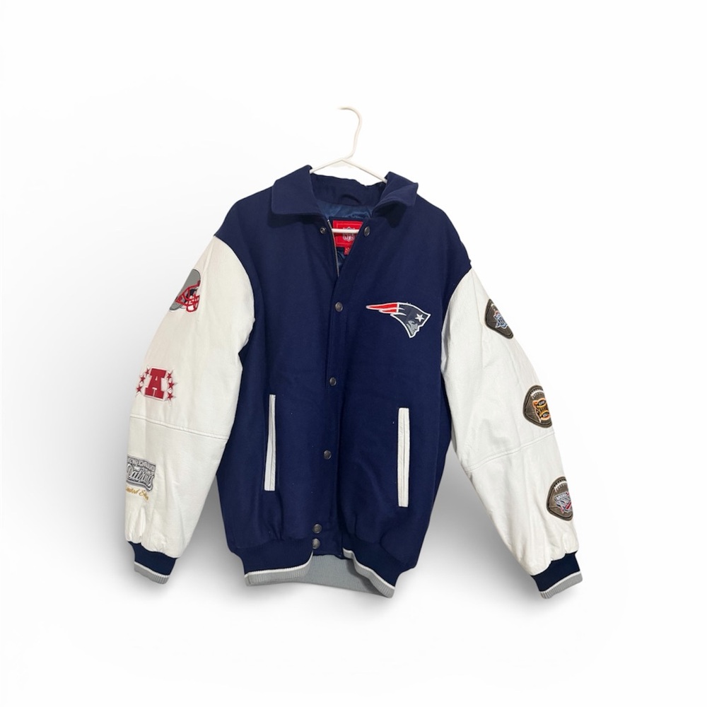 NFL Blue and White Varsity Jacket with Team Patches